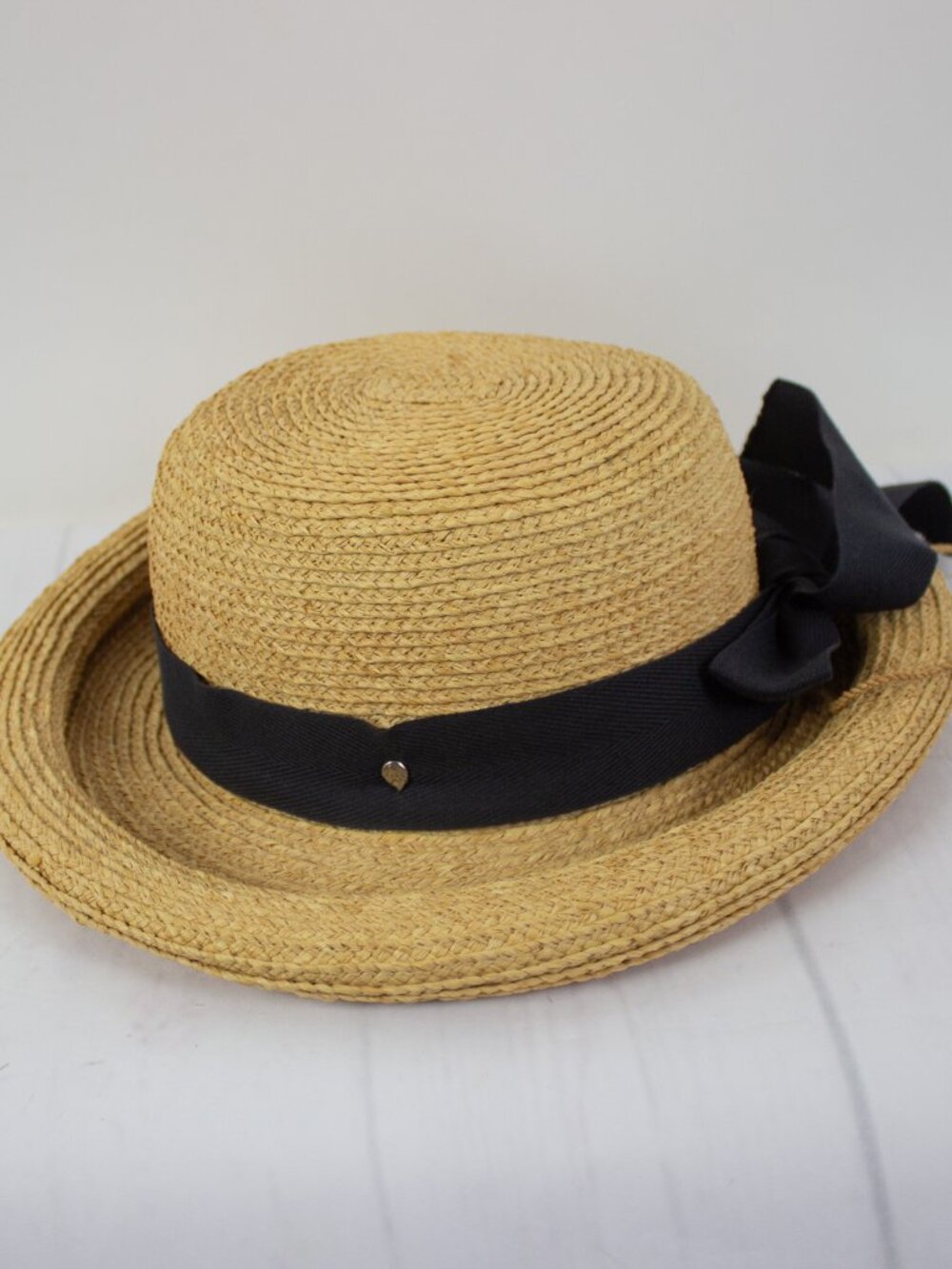 Helen Kaminski Corsica Hat 100% Raffia Straw Black Bow